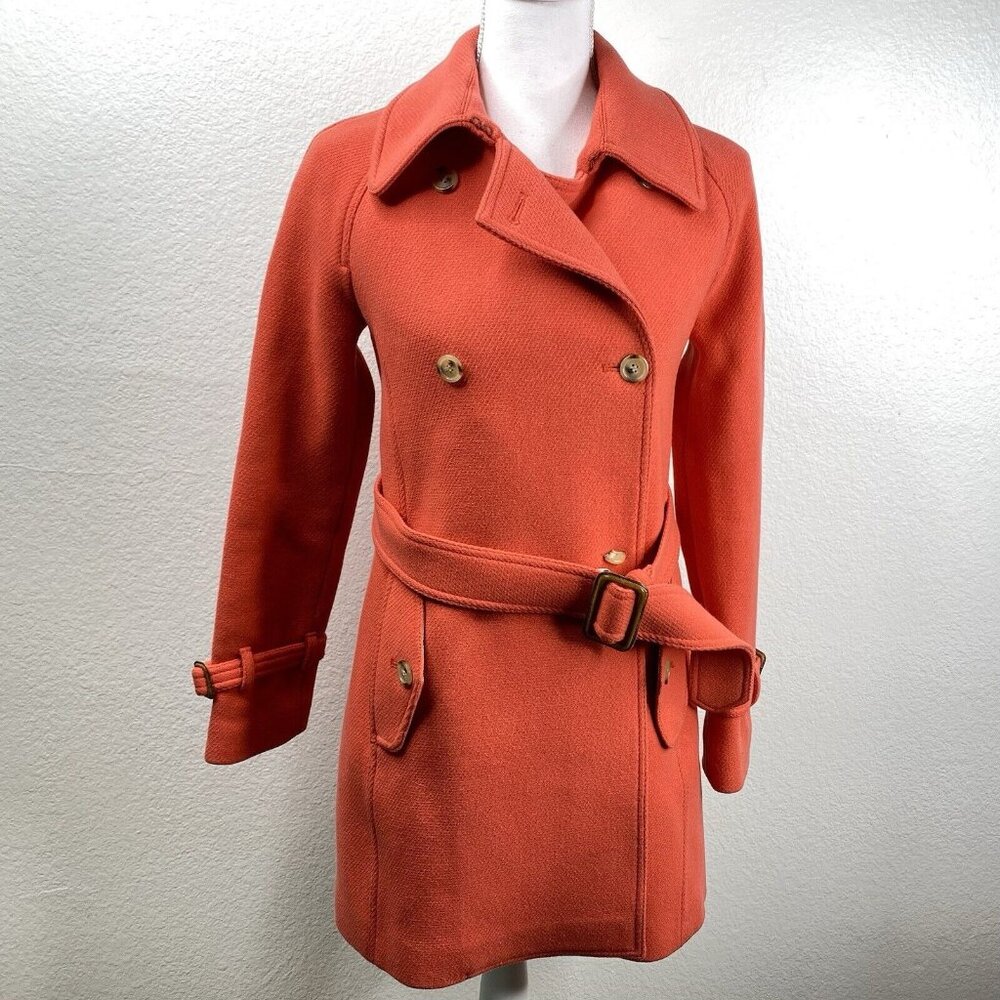 J Crew Coat Jacket Women's Coral Sz 2 Stadium Cloth Nello Gori Wool Belted